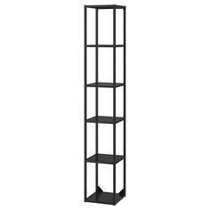 a tall black shelf with three shelves on each side and one section missing the top