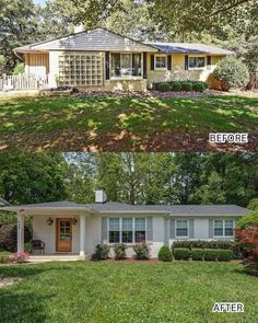 before and after pictures of a house in the middle of a yard with grass on both sides