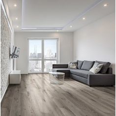 an empty living room with wood flooring and a gray couch in front of a large window