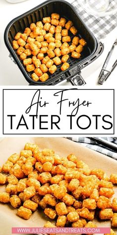 air fryer tater tots in a baking pan with the title above it