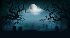 a cemetery with tombstones and trees in front of a full moon at night time