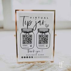 virtual tip jar with venmo cashapp qr code and mason jar Gratuity Signs Tip Jars, Diy Payment Sign, Bar Tip Jar Ideas, Mobile Bar Pricing Packages, Virtual Tip Jar Sign, Mobile Bar Trailer Decor, Mobile Bar Contract, Wedding Bar Tip Jar Ideas, Mobile Bar Business Names