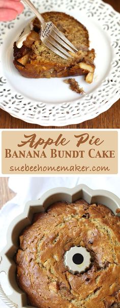 an apple pie banana bundt cake in a pan with a fork on the side