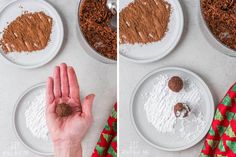 two pictures showing the process of making chocolate truffle balls with flour and cocoa powder