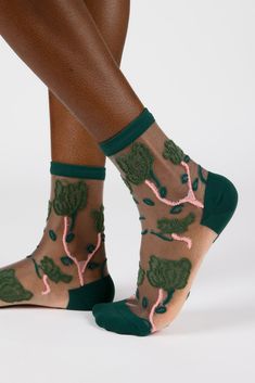 Green sheer bold climbing flower socks Angora Socks, Metallic Socks, Texture Socks, Climbing Flowers, Sock Collection, Flower Socks, Sheer Socks, London Free, Thick Socks