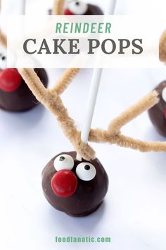 reindeer cake pops on a white plate with the words reindeer cake pops in front of them