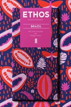 a purple and red patterned book cover with the words ethos on it