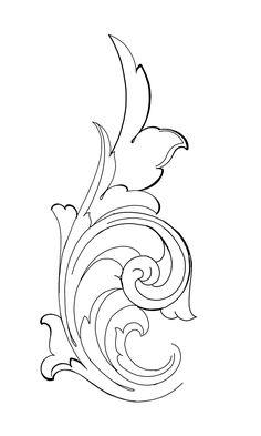 a drawing of a flower with swirls and leaves on the side, in black and white