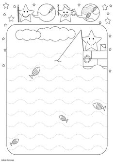 a coloring page with an image of a boat and two fish in the water, one is