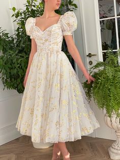 White Gilded Lily Tea Dress | Teuta Matoshi Puffy Sleeve Dress Formal Short, Top Draping, Floral Print Prom Dress, Gilded Lily, Short Frocks, Tea Gown, Printed Prom Dresses, Simple Frocks, Puffy Dresses