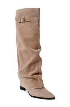 A slouchy, fold-over shaft enhances the modern allure of a knee-high boot styled with a pointy toe and tapered block heel. 3" heel 13" shaft; 10" calf circumference Cushioned footbed Leather upper, lining and sole Imported Toronto Outfits, Acquired Style, Knee High Suede Boots, Dust Bunny, 2025 Style, Givenchy Boots, Suede Boots Knee High, Aesthetic Shoes, Swag Shoes