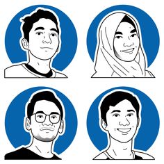 four avatars of people with headscarves in blue and white circles, each wearing glasses