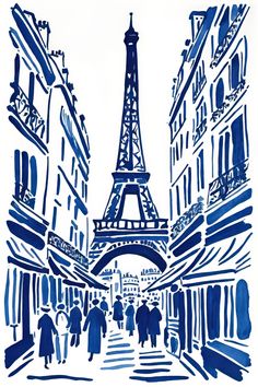 a drawing of the eiffel tower with people walking around it in paris, france