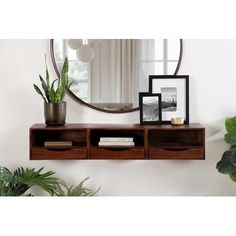 a mirror and some plants on a shelf