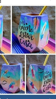 four different pictures of the same cup with words painted on it and one has a straw in it