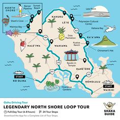 a map with the location of some attractions on it, and an image of a tropical island