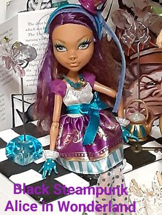 the doll is wearing a purple dress