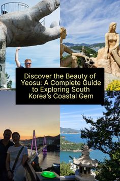 two people standing next to each other in front of some statues and the words discovery the beauty of yeu's complex south korea kora's coastal gen