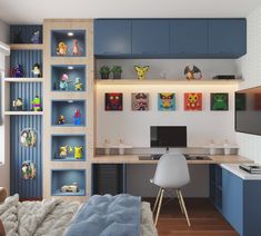 a bedroom with blue cabinets and shelves filled with toys on the wall next to a bed