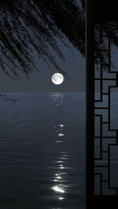 the full moon is seen through an open window at night over water and bamboo trees