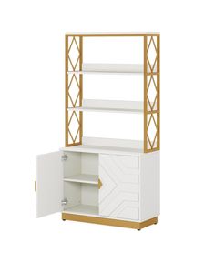 a white cabinet with gold trim and shelves