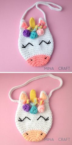 crocheted unicorn purse with flowers on the front and side, in two different colors