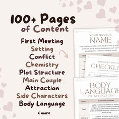 the 100 + pages of content is shown in three different font styles and colors, including hearts