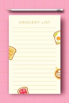 a grocery list with food items on it and a pen next to it, against a pink background