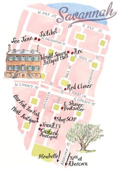 a watercolor map of savannah, with the name and location on it's side