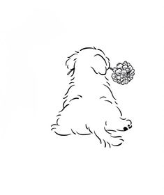 a black and white drawing of a dog with a flower in its mouth