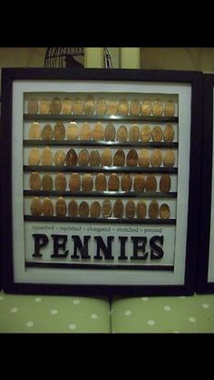 there are two framed pictures with pennies in them on the shelf next to each other