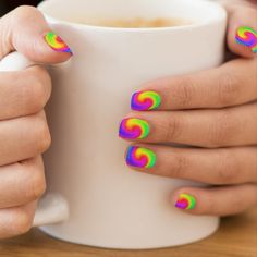 These groovy fingernail art coverings / decals feature a bright, swirly rainbow of colors in a tie-dyed pattern. It's a fun, retro design for peace-loving hippies / bohemians who love the 1960's, 1970's and psychedelic color. Tie Dye Hippie, Rectangle Pattern, Minimalist Nails, Classy Nails, Nail Art Summer, Easy Nail Art, Nail Arts, Nail Art Diy