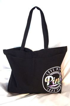 VICTORIAS SECRET PINK BEACH BAG TRAVEL TOTE SHOPPER BLACK NWT #VictoriasSecretPINK Pink Beach Bag, Pink Beach, Canvas Bags, Travel Tote, Bag Travel, Handbags For Women, Canvas Bag, Beach Bag