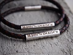 Custom Coordinates Bracelets, Couples  Coordinates Bracelets, Coordinates Bracelets, Coordinate jewelry, Custom Coordinate Anniversary GiftsThe price is for only one single bracelet.Stainless SteelReal leather Color: Vintage Dark Brown CoffeeLooking for your exact coordinate here:https://www.latlong.net/Personalized engraved coordinates bracelets for boyfriend, husband, men.Real leather bracelet with stainless steel cylinder for him.To see more different styles handmade bracelets, clickhttps://w Coordinates Gift, Coordinates Jewelry, Couples Bracelets, Girlfriend Anniversary Gifts, Matching Couple Gifts, Bracelets For Boyfriend, Coordinates Bracelet, Single Bracelet, Leather Anniversary Gift