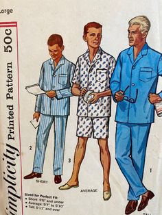 Sewing Pattern 60s Simplicity 4007 Men's Pajamas Sewing Pattern. Sized for Perfect Fit. Pattern size Medium: (see picture #3 for sizes and material). Pattern pieces and instructions for: Set of men's pajamas.  The pajama top has front button closing and patch pocket. The collar has rounded corners.  Views 1 and 2 have long set-in sleeves with sleeve bands.  View 3 has short set-in sleeves. Pants, all views, have fly front opening fastened with hammer on metal fasteners and drawstring in casing i 1950s Pajamas, Pajamas Sewing Pattern, Pajamas Sewing, Pajamas Pattern, 60s Men, Sewing Designs, Mens Sewing Patterns, Sewing Men, Long Pajama Pants