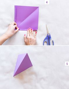 the steps to make an origami triangle with paper and scissors on top of it