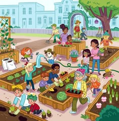 children are in the garden with plants and watering hoses