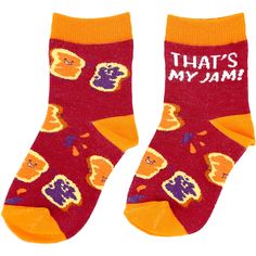 PREMIUM QUALITY: Socks pair is made from a blend of 70% cotton, 28% polyester, 2% spandex materials. These (S/M or M/L) or 4-7YO) unisex socks fit children’s shoes (US 8-11 or US 10-1) IN-HOUSE DESIGN: Features a sewn-in PB&J pattern on the red top and side parts of the sock. The outer ankles feature “That's My Jam” text that is also sewn in. The toes, heels and tops are a solid orange color. Socks come packaged inside of a plastic poly bag with a hangtag and ribbon. CARE INSTRUCTIONS: Machine w Non-slip Cotton Socks For Playtime, Playful Non-slip Cotton Socks, Playful Multicolor Cotton Socks, Playful Red Cotton Socks, Fun Winter Cotton Socks, Fun Cotton Winter Socks, Casual Cotton Socks For Playtime, Cotton Socks For Winter Playtime, Cute Cotton Socks For Playtime