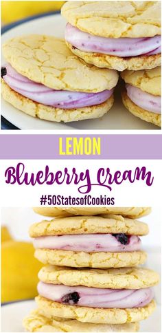 lemon blueberry cream cookies stacked on top of each other with the title in the middle