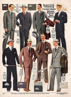 1920s Mens Fashion-pinstripe suits, cream colored accessories, hats, high waist lines, baggier pants. Influence of the 1920's Suit on Modern Menswear #1920s #1920sfashion #menswear #mensfashion #20s #illustration 1920s Suit, 1920s Suits, 1950 Men, Burlesque Vintage, 1920s Mens Fashion, 1920s Men, Fall Fashion Skirts