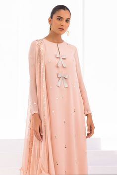 Miral – Sania Maskatiya International Neck Designs For Kaftan, Chic Pink Festive Set, Chic Pink Festive Sets, Chic Pink Sets For Festive Occasions, Festive Chic Pink Sets, Elegant Pink Dresses With Mirror Work, Elegant Pink Dress With Mirror Work, Pink Georgette Evening Set, Evening Pink Georgette Sets