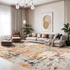 a living room with a large rug and couches