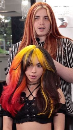 Hair Down Prom Styles | X Hair | Hair Up  - Hair Vine | M Hairline | V Haircut Red To Yellow Hair, Yellow And Red Hair, Red And Yellow Hair, Pravana Red, Fire Hair Color, Colorblock Hair, Orange Brown Hair, Color Block Hair, Fire Hair