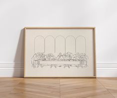 a drawing of people sitting at a long table