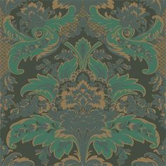 an ornate wallpaper with green and gold designs on the back side, in shades of blue