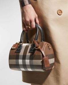 Burberry Check E-Canvas Bowling Top-Handle Bag | Neiman Marcus Fashion Mark, Burberry Top, Purse Essentials, Luxury Bags Collection, Leather Roll, Bowling Bags, Patchwork Bags, Fancy Bags, Burberry Handbags