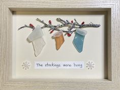 the stockings were hung on a branch with snowflakes