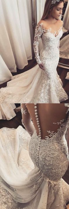 the back of a wedding dress is shown in three different angles, including one with long sleeves