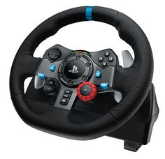 the steering wheel is black with blue and red buttons on each side, along with four pedals