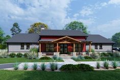 this is a computer rendering of the front elevation of a modern ranch style house plan